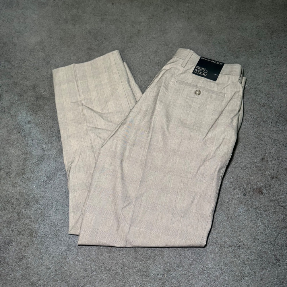 Banana Republic Non-Iron Standard Fit Pants Tan Glen Plaid Mens 33x30 NWT